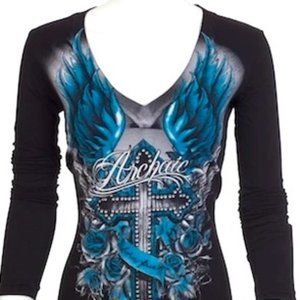 ARCHAIC BY AFFLICTION Womens Long Sleeve ROSEMARY V-neck T-Shirt